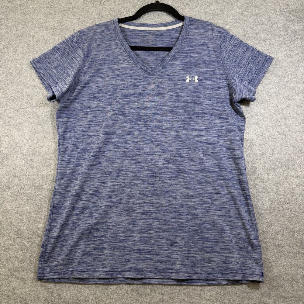 Under Armour HeatGear Shirt Womens L Blue V Neck Training Athletic Wicking Run